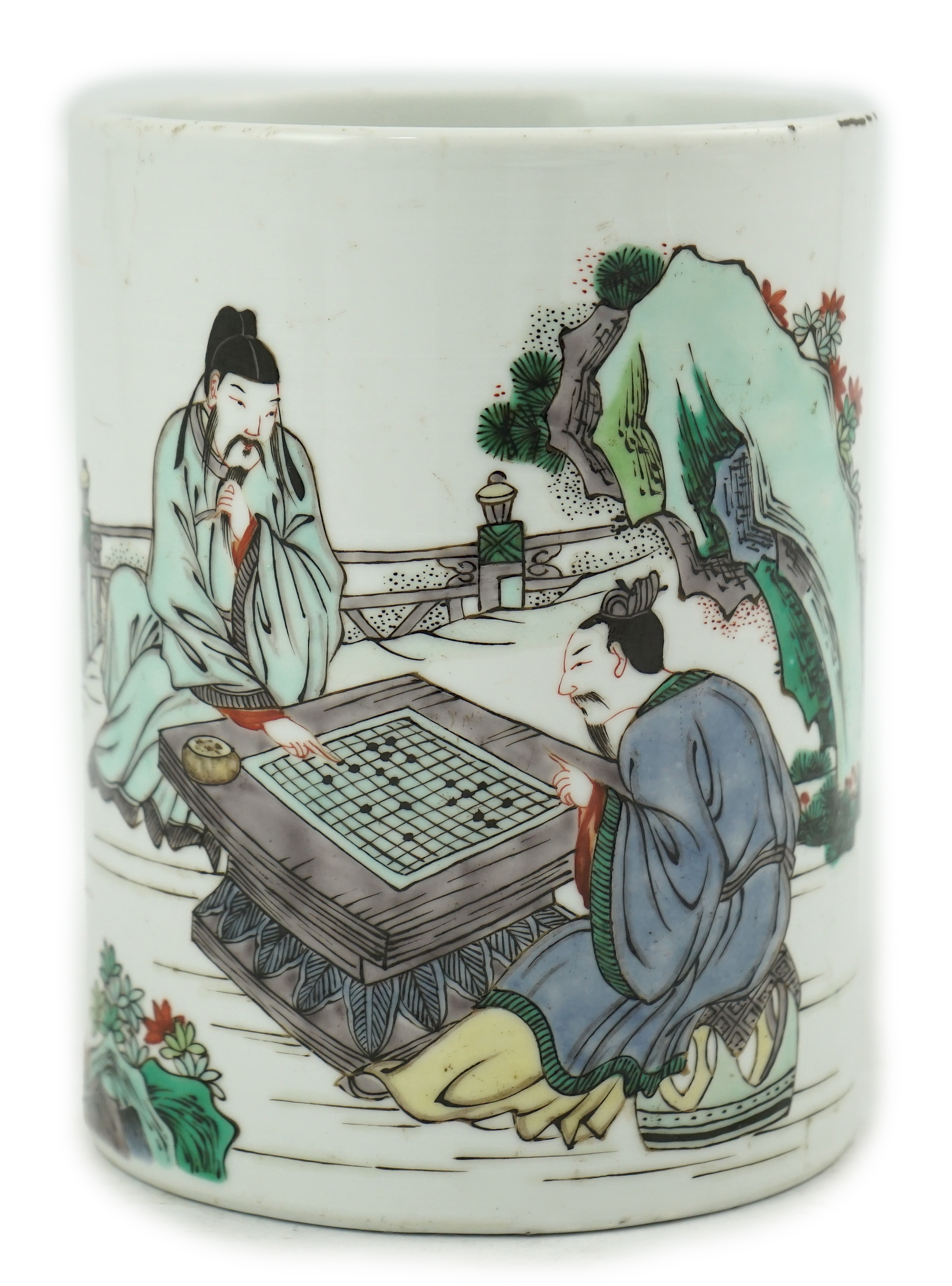 A Chinese famille verte ‘scholars’ brush pot, 15.3cm high